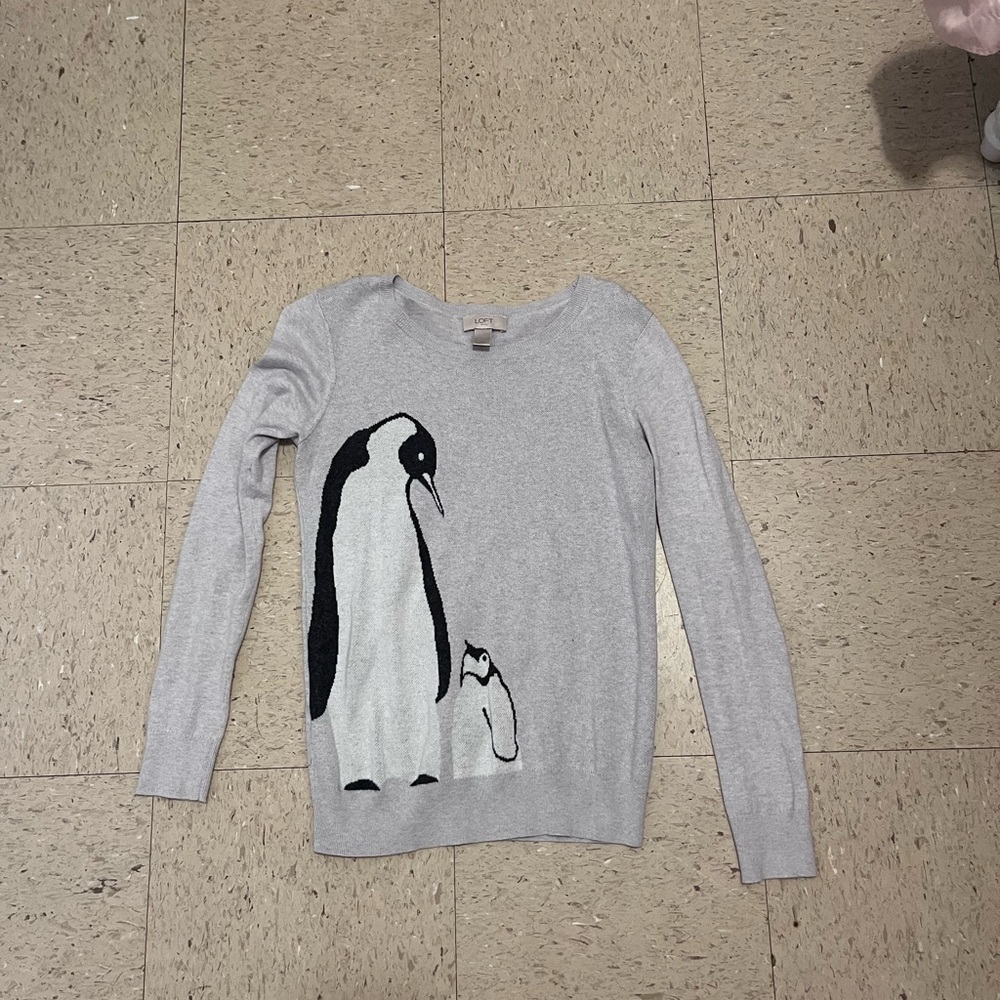 LOFT Gray and Black Crew Neck Sweater with Penguin Design